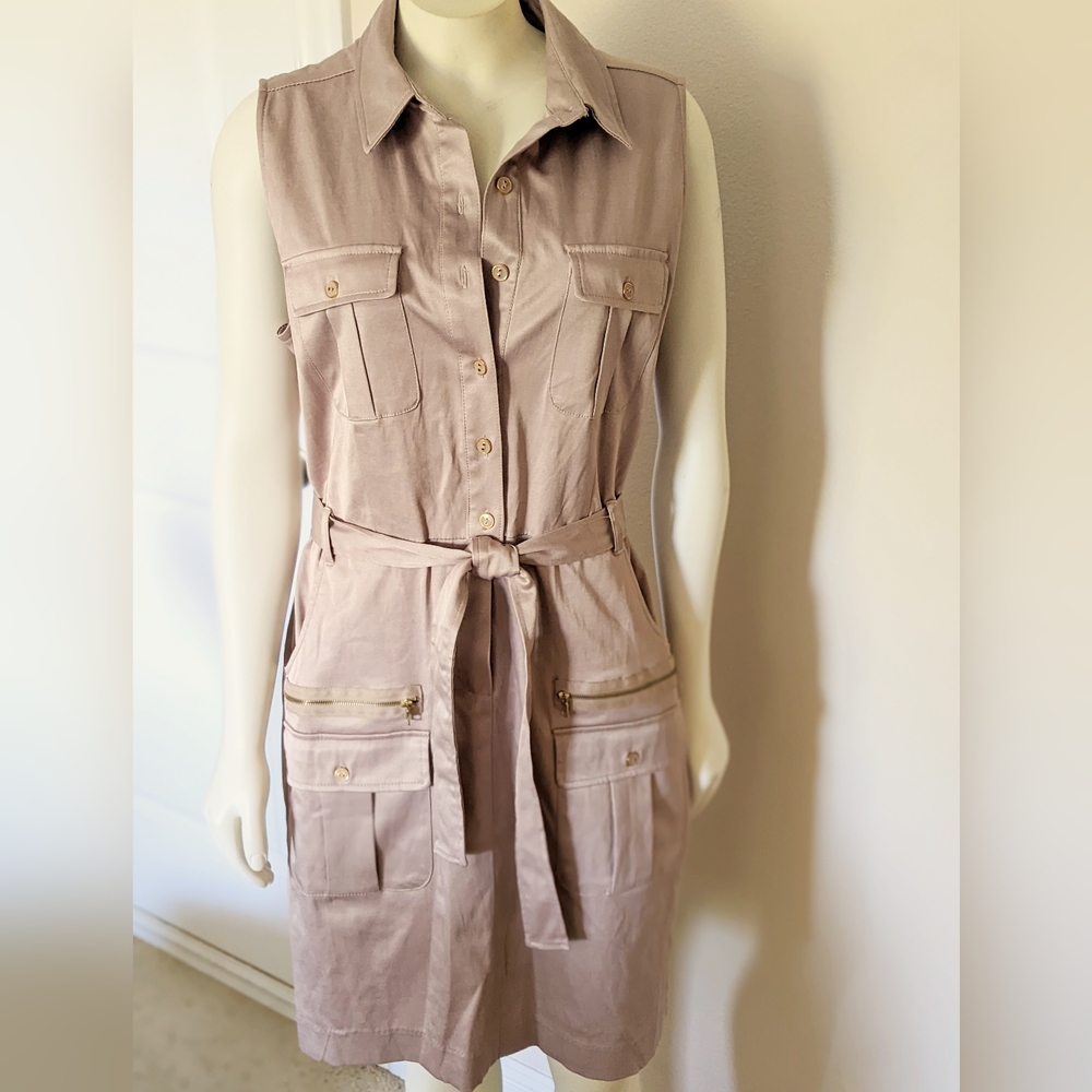 NWT Sharagano Women's Sleeveless Shirt Dress with Front Pockets